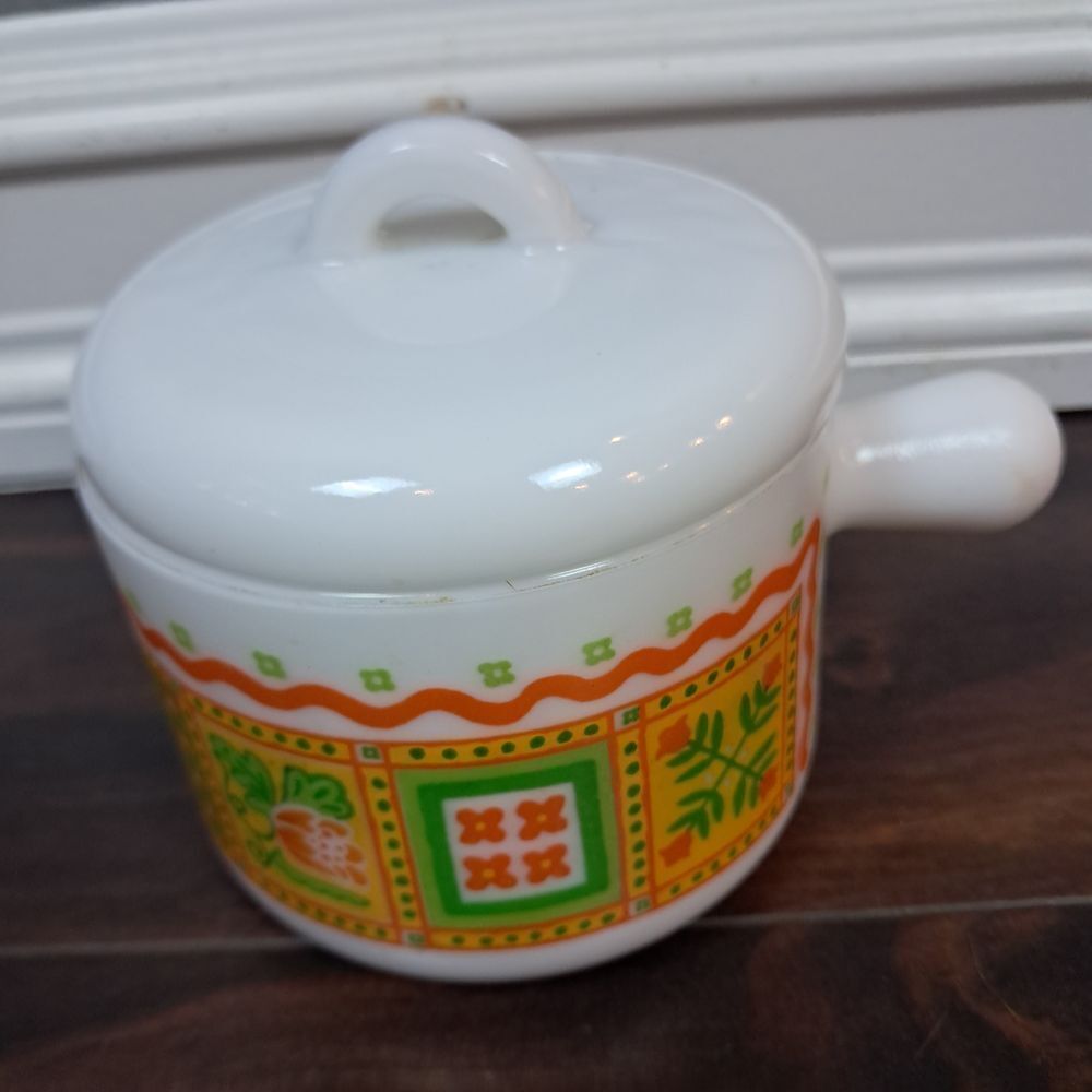 Vintage Avon Ceramic Candle Warmer Pot 1970s Folk Art Pattern Orange Green Retro